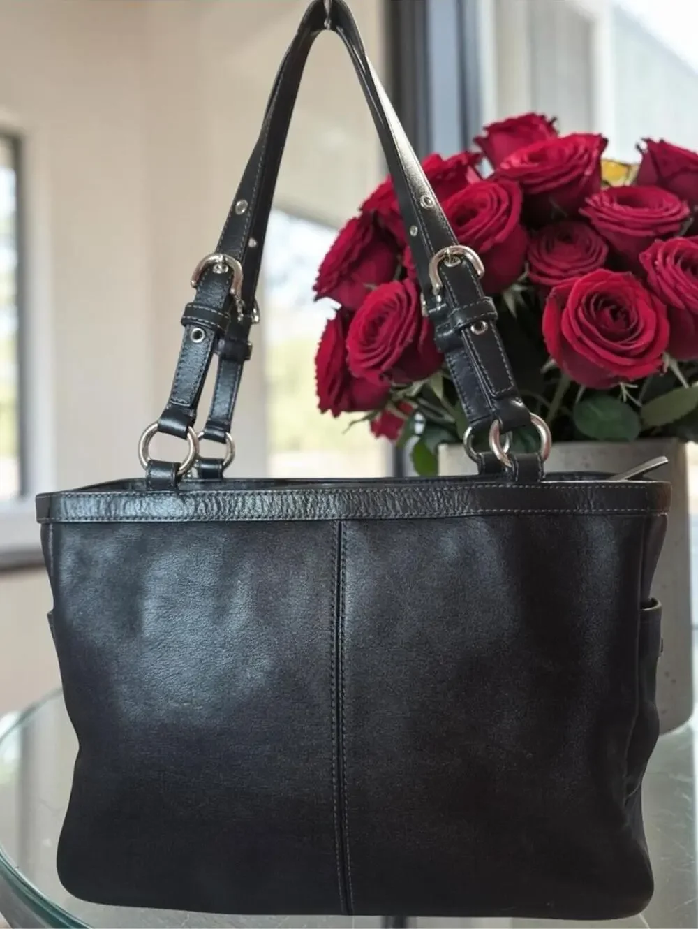 Coach Leather Tote 3 Piece Bundle Black Pink Wristlet Scarf
